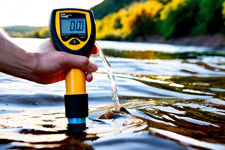 Handheld pH meter used by angler near river