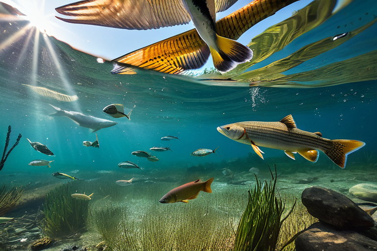 Predator fish attacking baitfish school