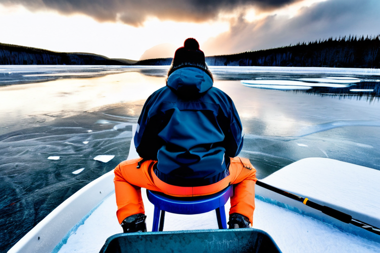 Ice angler using bucket seat safely on frozen lake