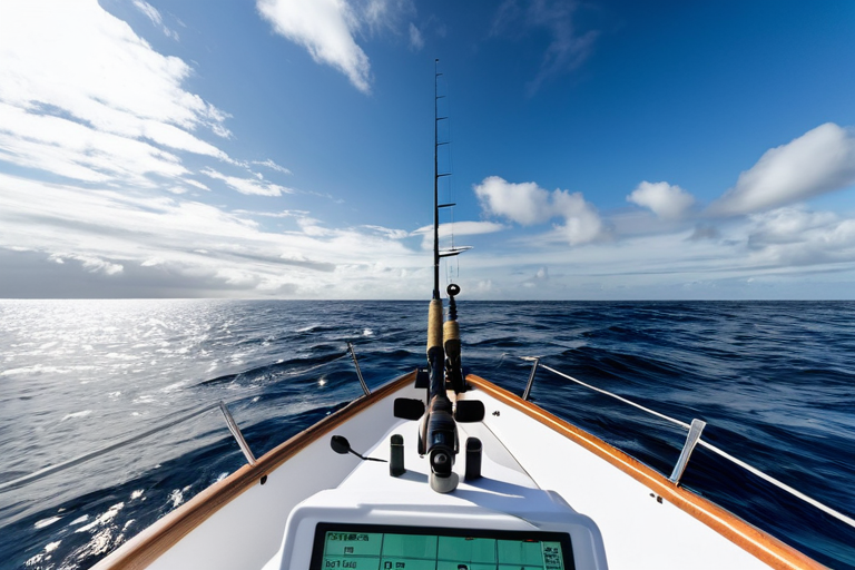 Saltwater fishing scene with gear and ocean view