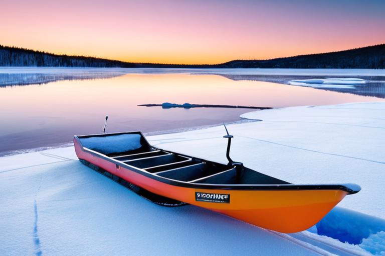 Ice fishing sled on frozen lake at sunrise