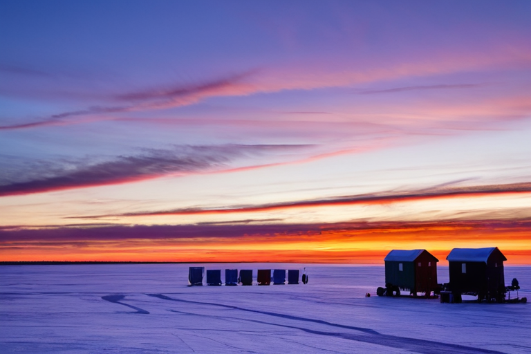 Sunset over Lake Erie with ice fishing shanties silhouetted