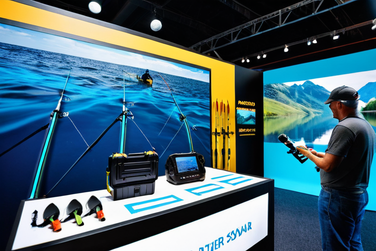 Angler testing advanced fishing technology at a demo station