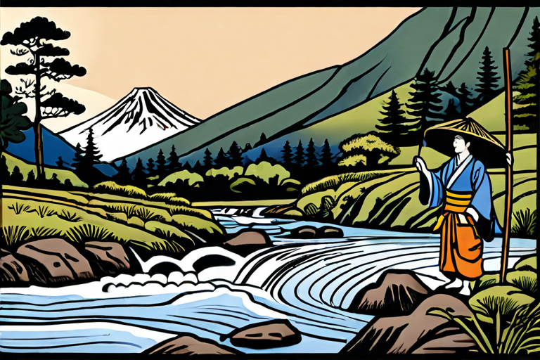 Historical Japanese artwork depicting Tenkara fishing