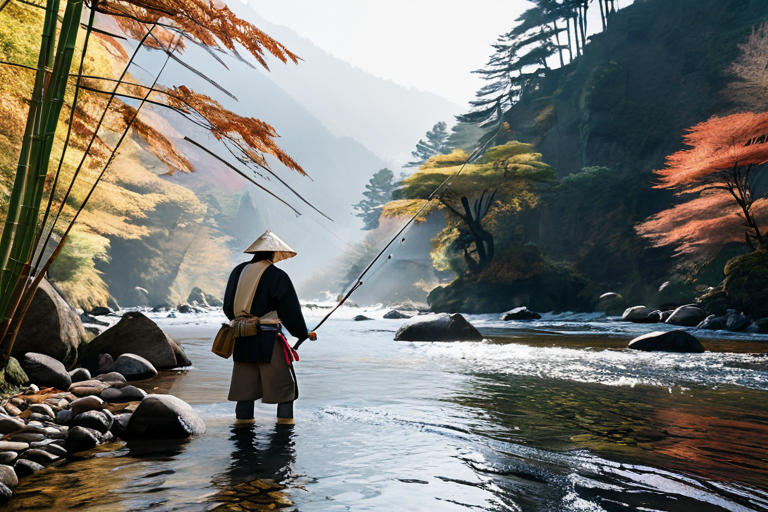 Traditional Tenkara fishing in Japanese mountain stream