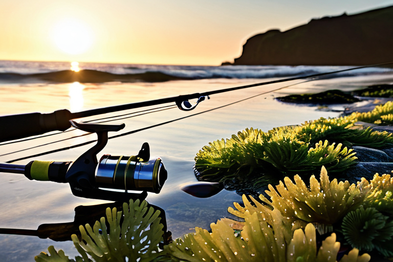 Close-up of a fishing rod with a small jig and reel next to a tide pool at sunset
