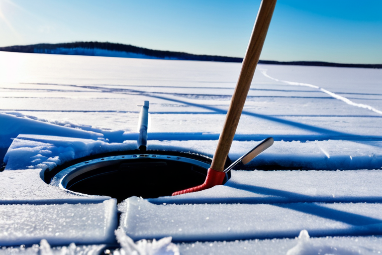 Close-up of a tip-down fishing rig on ice