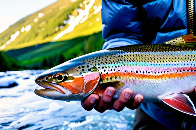 Winter trout fishing in clear mountain stream