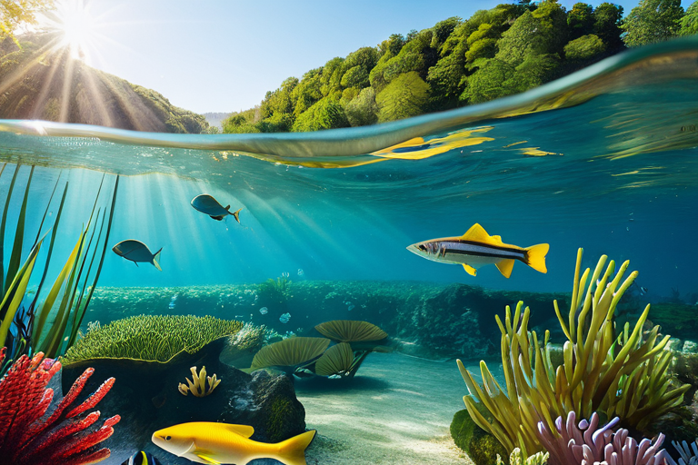 Underwater view of stillwater ecosystem