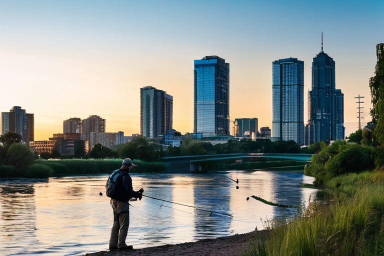 Urban fishing with city skyline background