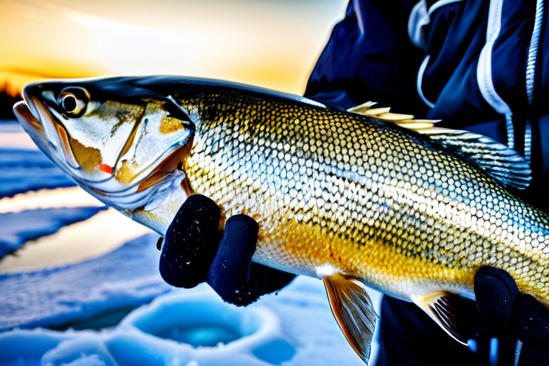Angler holding a large walleye fish on ice