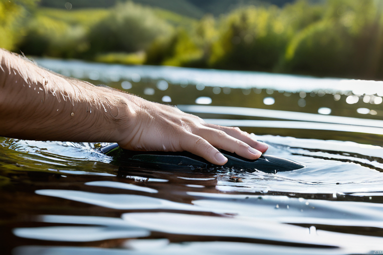 Angler assessing water clarity using visual techniques