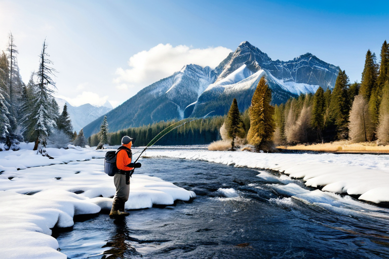 Mountain river winter fishing scene