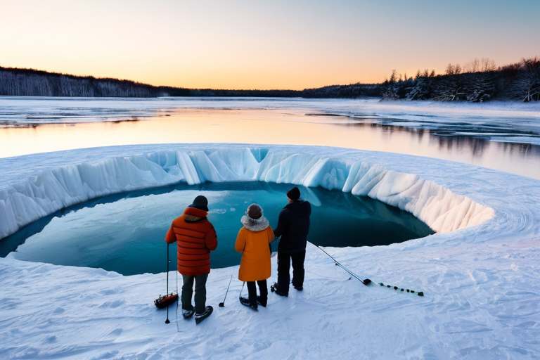 A group of people gathered around an ice hole in winter, with fishing gear and warm clothing