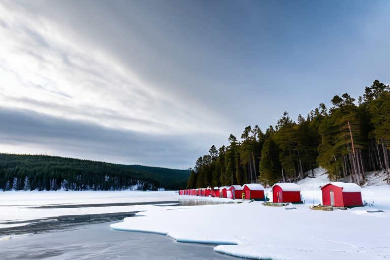 Snow-covered frozen lake with fishing shelters in distance