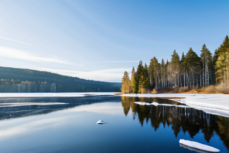 Serene winter lake scene with ice fishing shelters