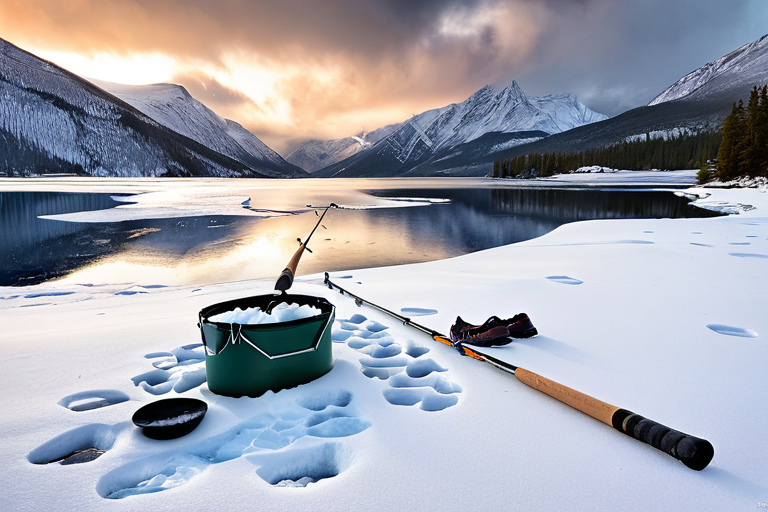 Snowy landscape with ice fishing huts in the distance