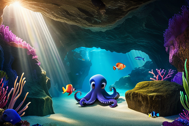 Wise octopus giving advice to Rainbow Fish in underwater cave