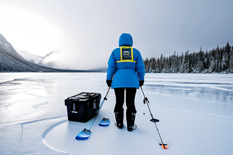 Women ice fishing in snowy conditions with appropriate bibs
