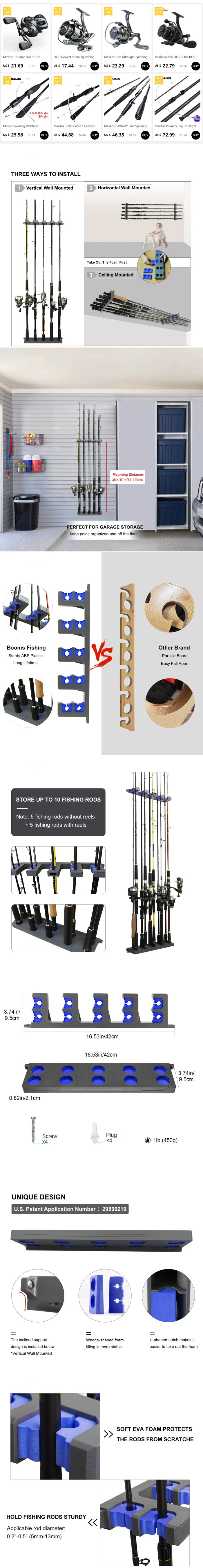 Maximize your fishing gear organization with our 10-holder vertical fishing rod holder. This wall-mounted rod rack provides efficient storage for multiple rods, solving rod shortage issues in garages and fishing spaces. Modular design includes all necessary screws for easy installation. Perfect for keeping your fishing rods secure, organized, and easily accessible.